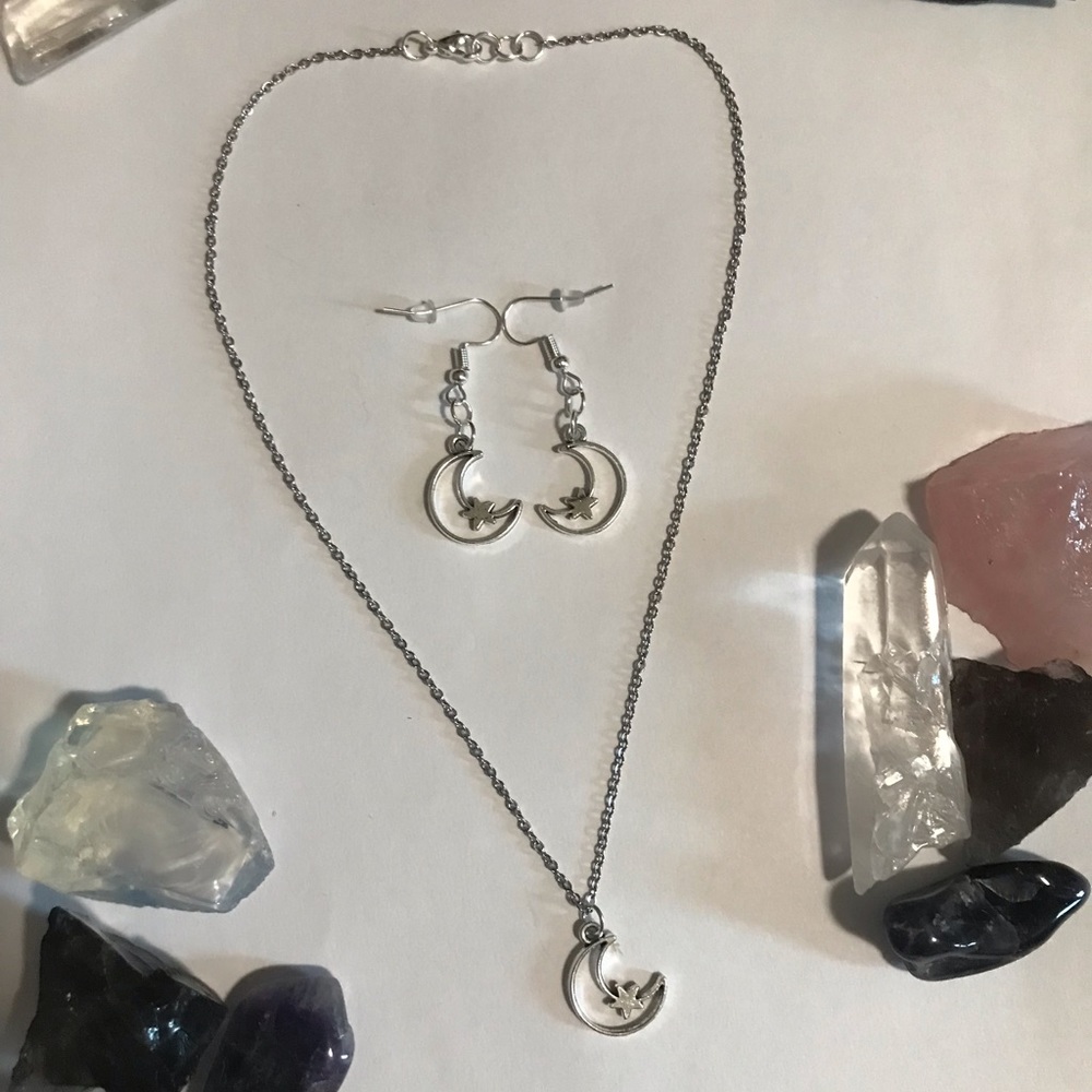 Silver moon/star charm earrings and necklace bundle